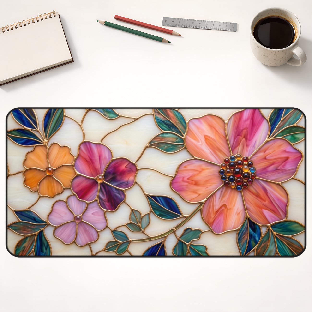 Faux stained glass floral HOPFGLEN desk mat on a workspace