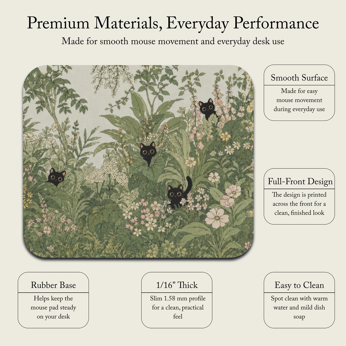 HOPFGLEN mouse pad details showing smooth surface, full-front design, rubber base, slim thickness, and easy cleaning